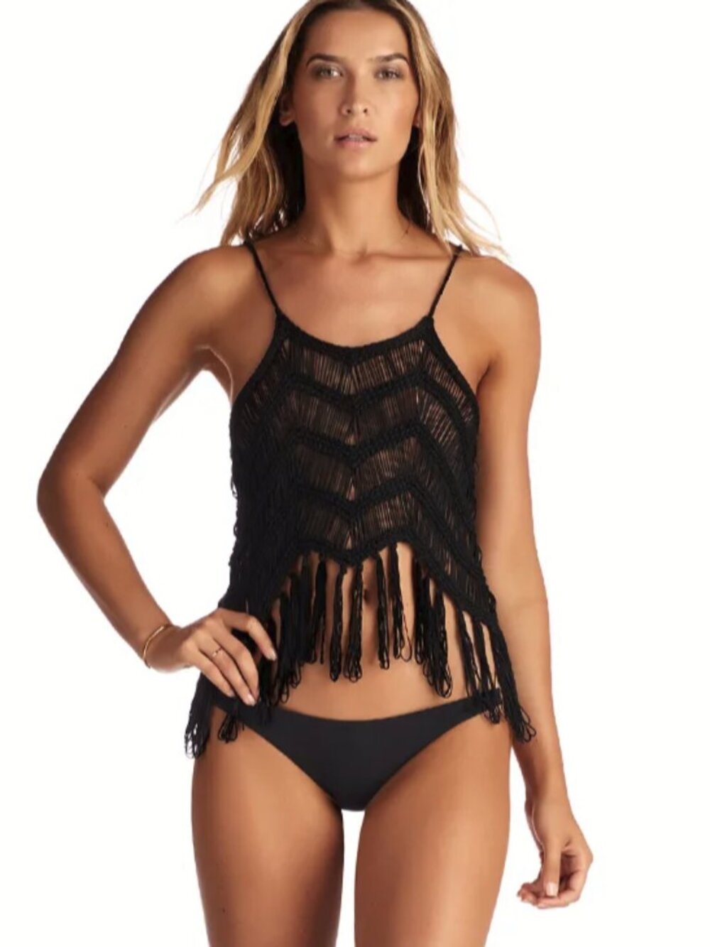 NWOT Vitamin A Gatsby Woven Tank Top Fringe Beachwear Coverup Top Black size L